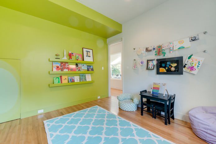 white and light green walls in the children's room