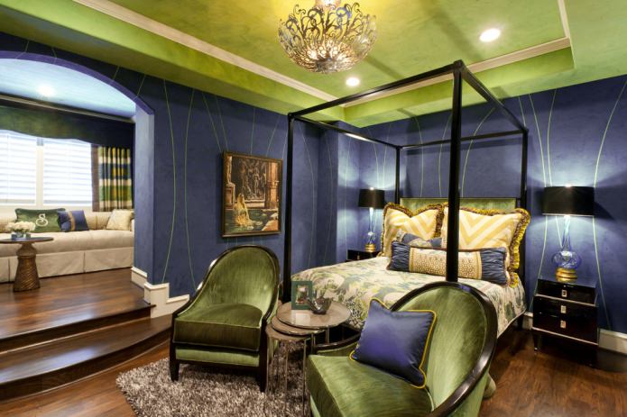ห้องนอนสีเขียวอ่อนและสีม่วง