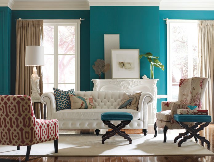 Living room decoration in turquoise colors