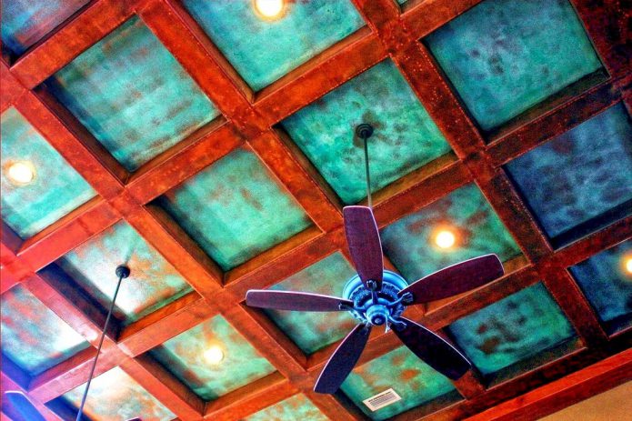 turquoise beamed ceiling