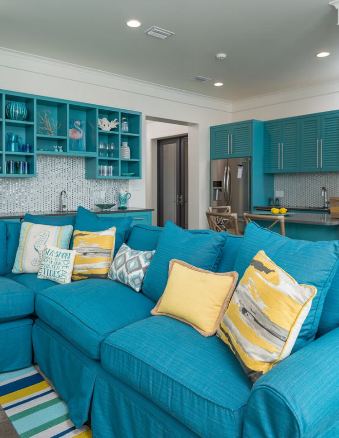 turquoise kitchen combined with living room