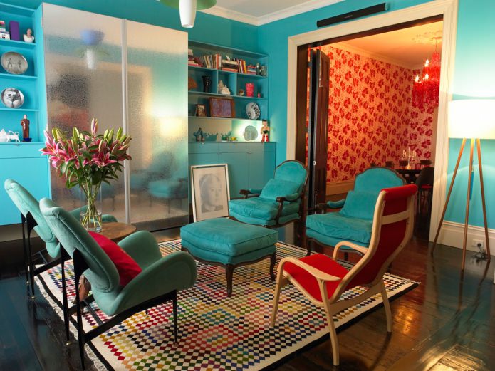 turquoise walls and chairs