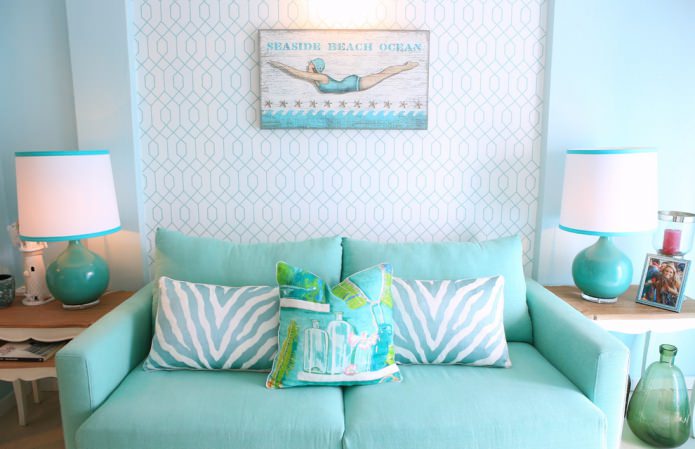 turquoise and white living room in a nautical style