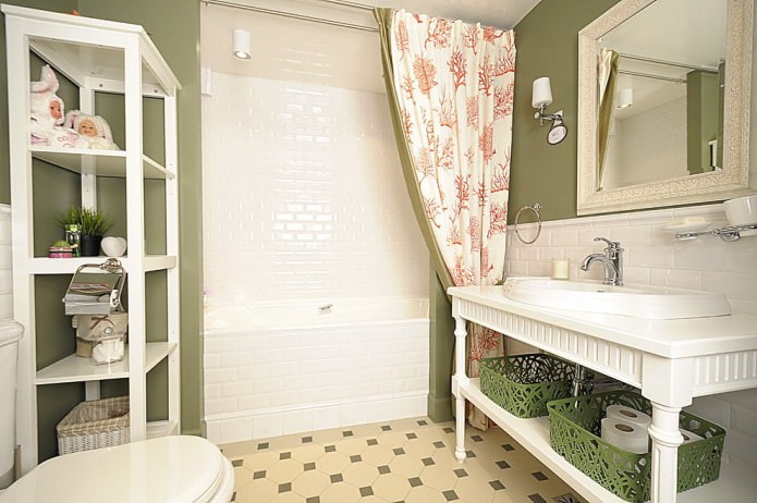 weiß-olivfarbenes Badezimmer