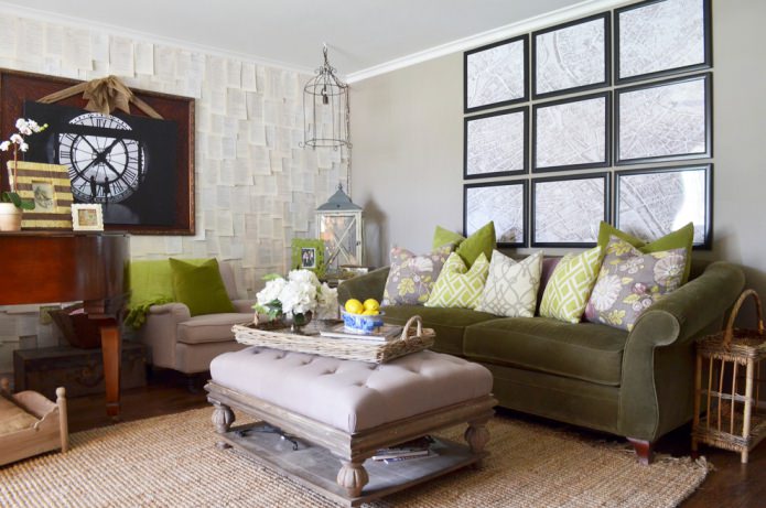 living room interior with light green pillows