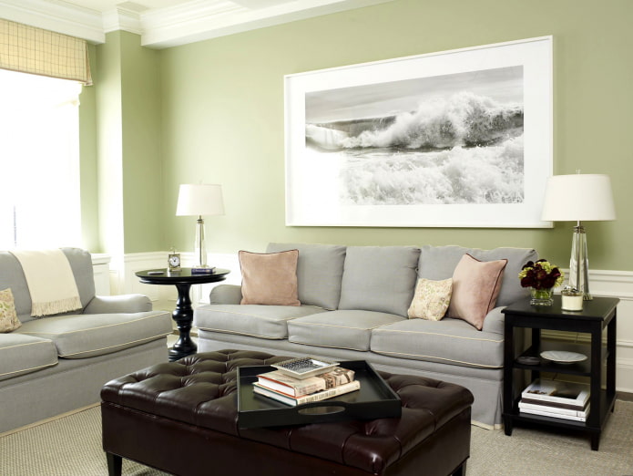 gray sofa and pistachio walls