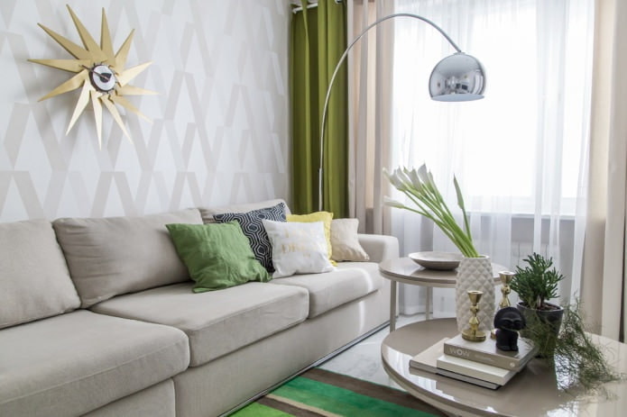 stylish interior with green curtains