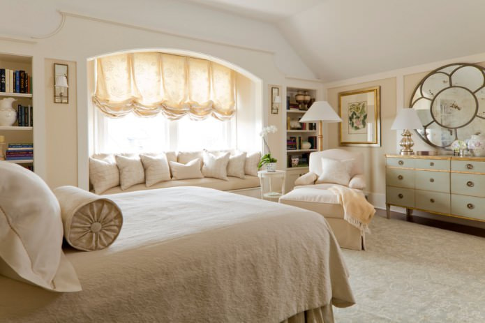 beige french curtains in the bedroom
