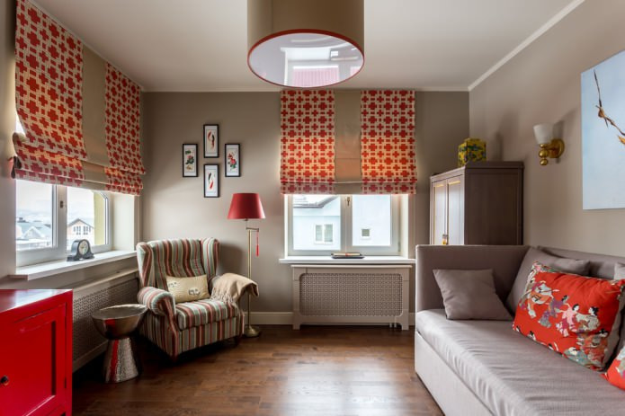 roman shades with red pattern