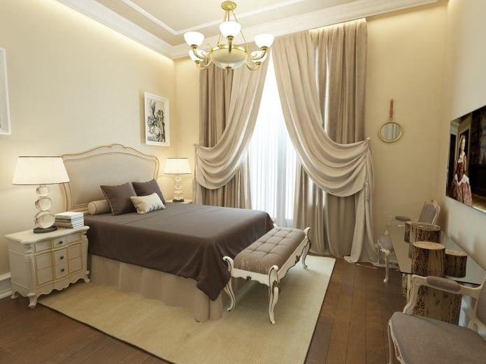 beige bedroom with brown bedspread