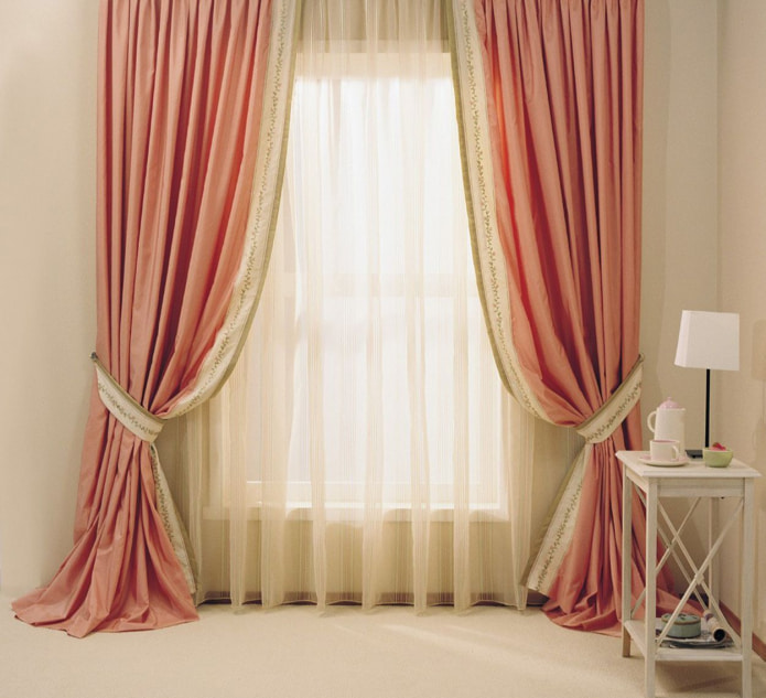 beige curtain with pink curtains