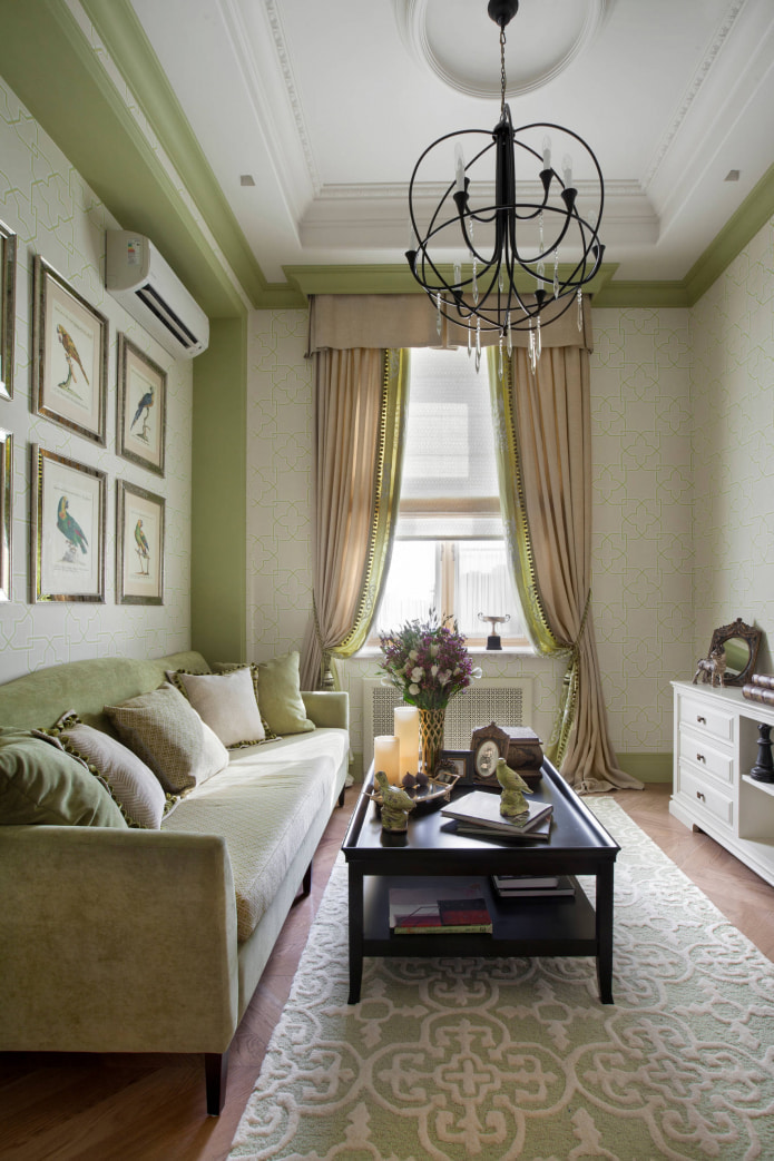 beige green curtains with fringes and tassels