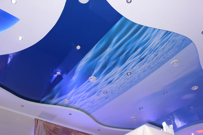 blue stretch ceiling with photo printing