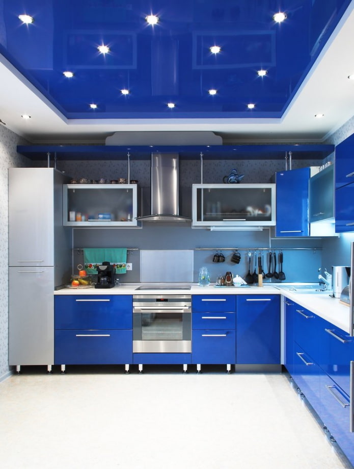 blue stretch ceiling in the kitchen