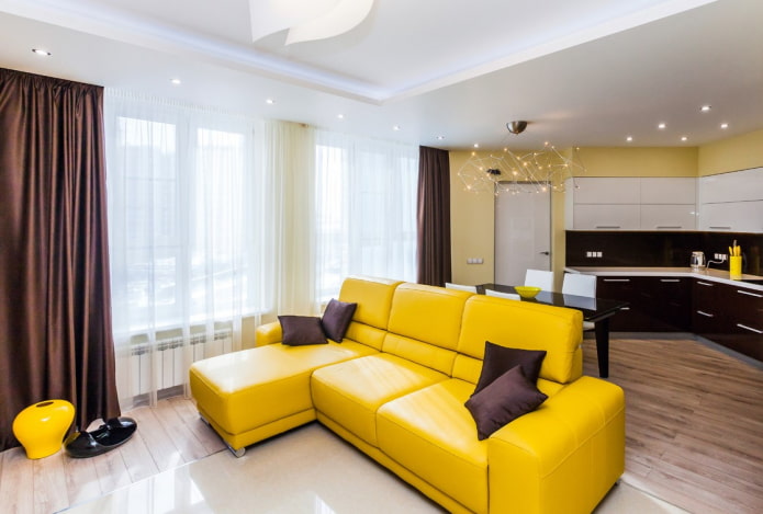 combination of yellow sofa with pillows