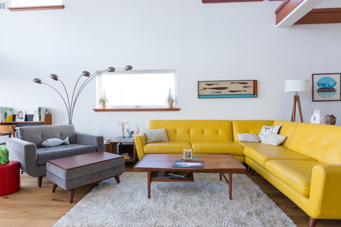 yellow sofa with leather upholstery in the interior