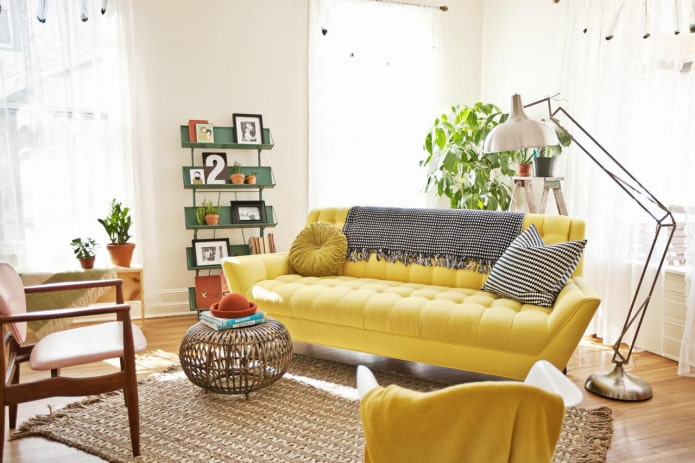 straight yellow sofa in the interior