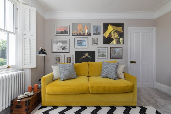 yellow sofa with fabric upholstery in the interior
