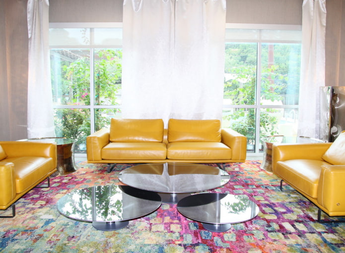 yellow sofa with leather upholstery in the interior