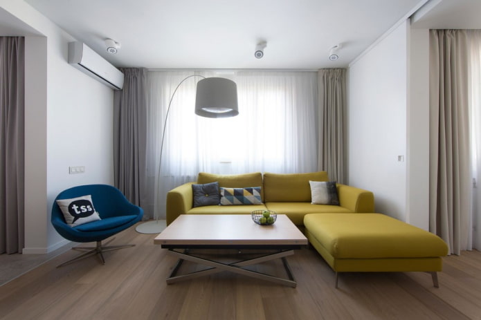 sárga kanapé, modern stílusban