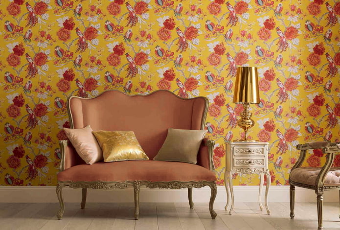 Red and yellow wallpaper with flowers