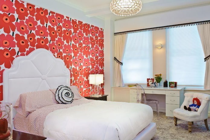 light furniture in the bedroom with patterned wallpaper