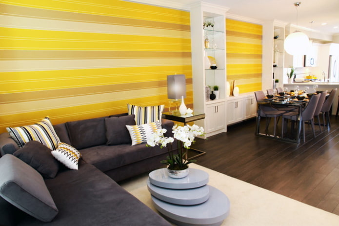 striped yellow wallpaper in living room