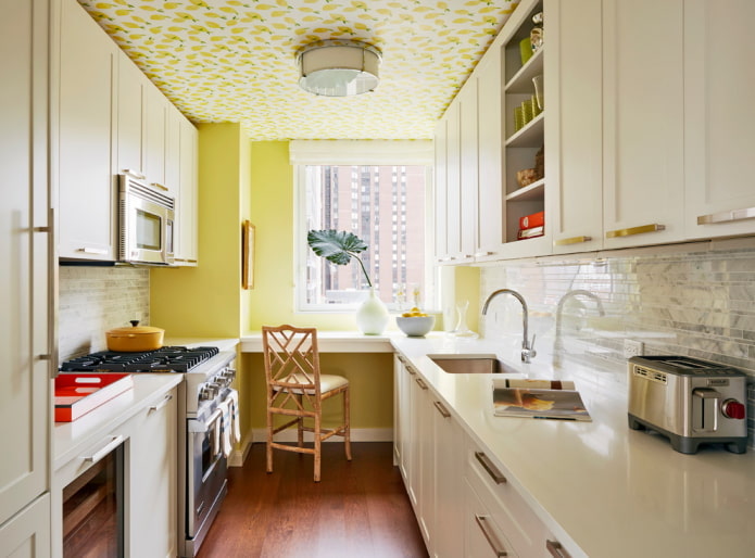 yellow wallpaper on the ceiling in the kitchen