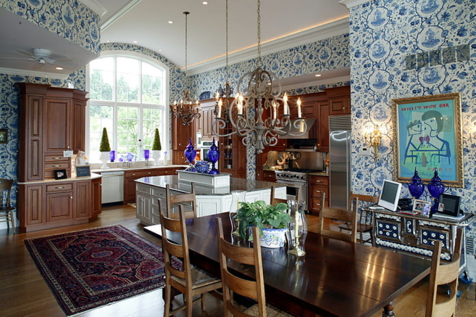 беле и плаве тапете у кухињи