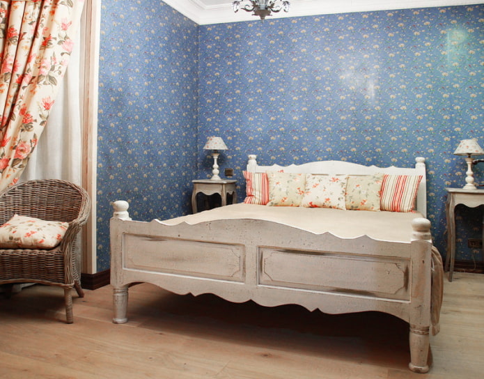 Provence style furniture, blue wallpaper