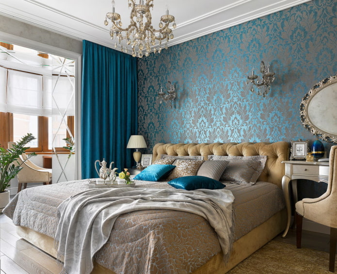turquoise wallpaper in the bedroom