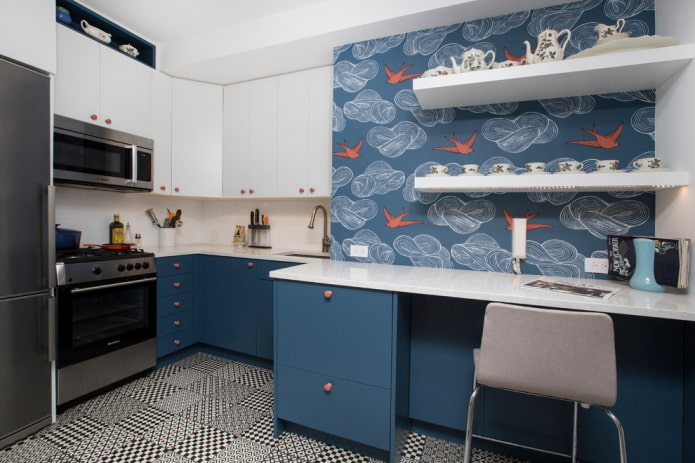blue wallpaper in the kitchen
