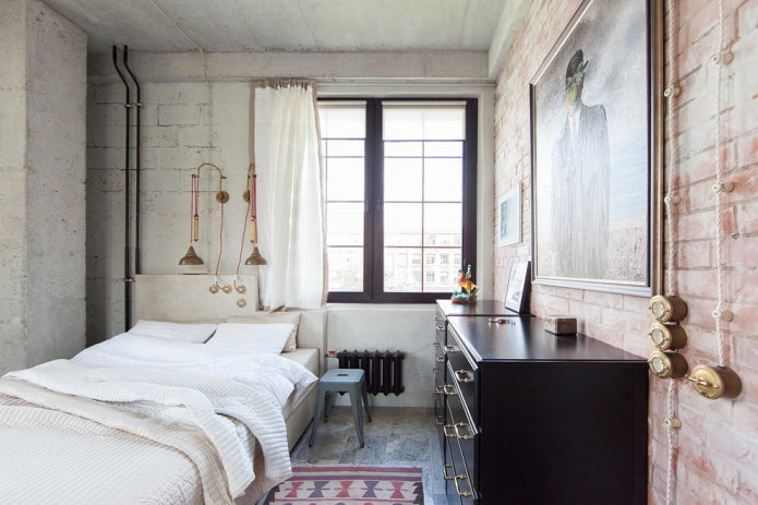 bedroom with brick wallpaper