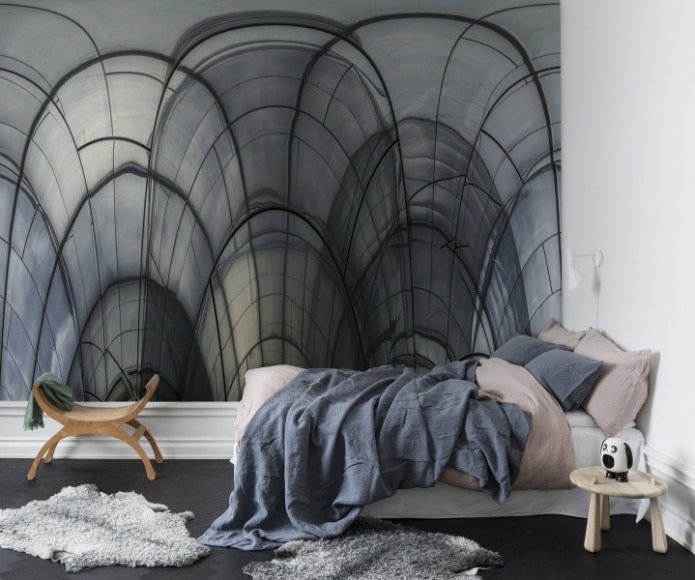 kleines Schlafzimmer mit minimalistischem Design und 3D-Tapetendekoration