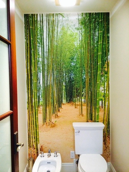 wallpaper bamboo receding into the distance in the bathroom