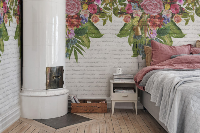 Provence style bedroom with wall murals