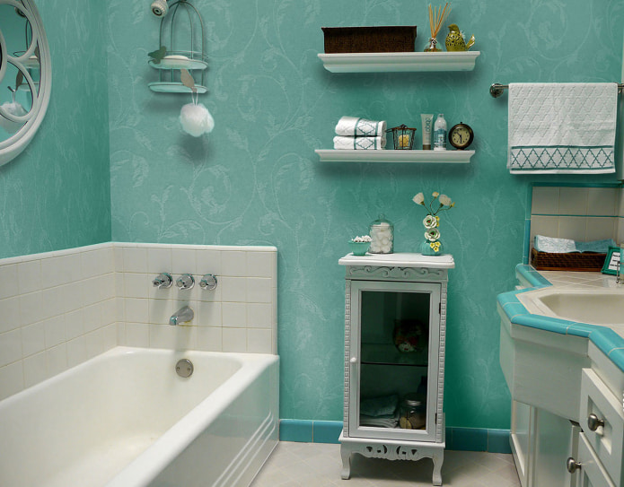 bathroom with turquoise glass cloth wallpaper