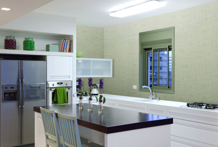 green wallpaper in the kitchen
