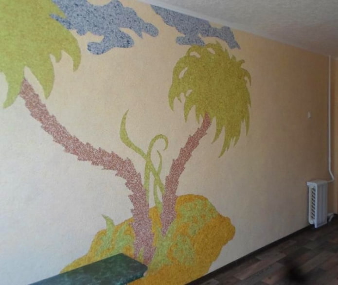 drawing of palm trees on the island on the wall
