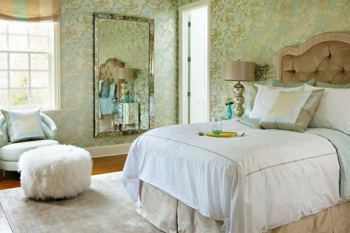 green silk wallpaper in the interior of the bedroom