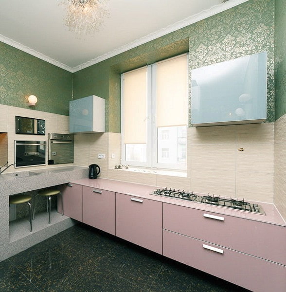 green silk wallpaper in the interior of the kitchen