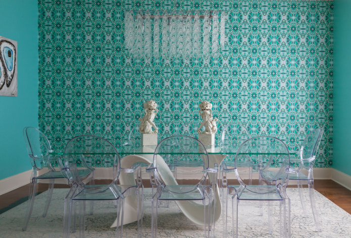 turquoise accent wall in dining room