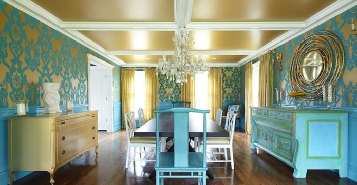 combination of turquoise and gold shades in the interior of the bedroom