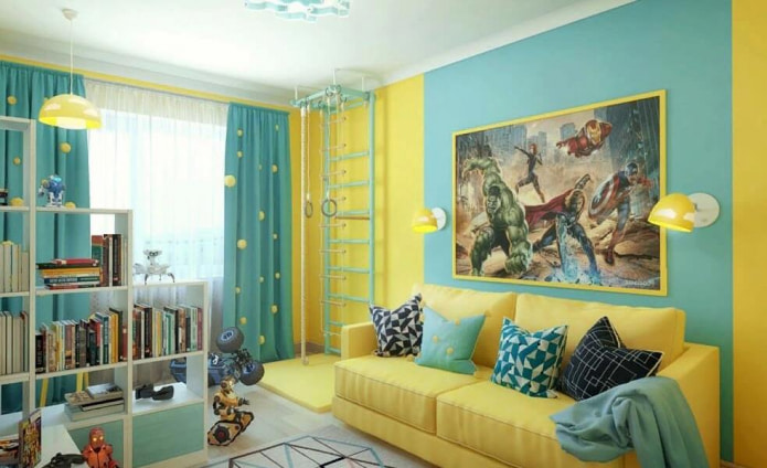 Kinderzimmer in einer türkis-gelben Palette