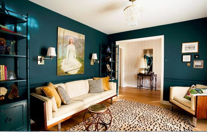 Solid dark turquoise color effectively accentuates every piece of furniture