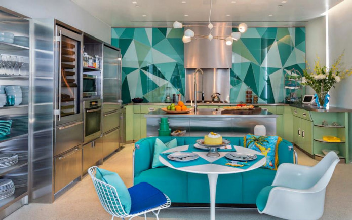 A fotó egy modern konyhát mutat türkiz színben