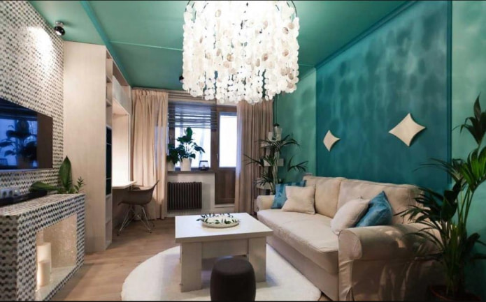 harmony of a light turquoise shade with an emphasis on the panel in the center of the wall
