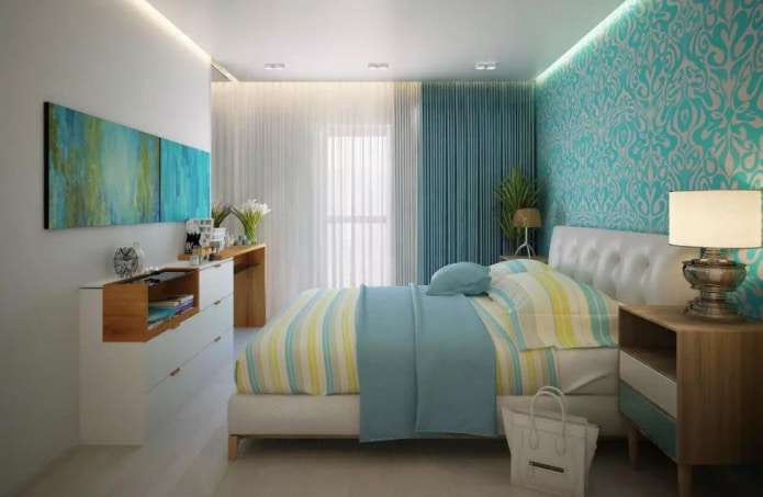 a light-colored floor covering that favorably emphasizes the turquoise ornament on the wall