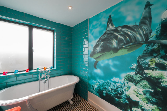 bathroom wall mural with shark print