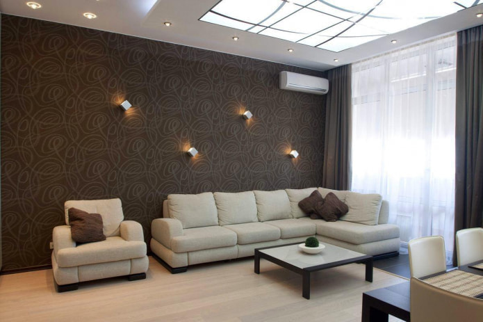 combination of brown wallpaper with a sofa